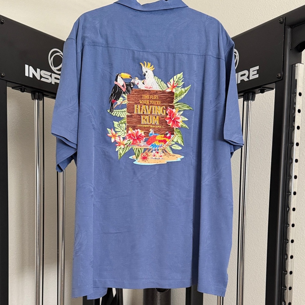 Used Tommy Bahama Blue Short-Sleeve Shirt with Tropical Back Graphic